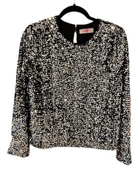 Buddy Love Unity Sequin Blouse Silver Black Disco Holiday Long Sleeve, Size M